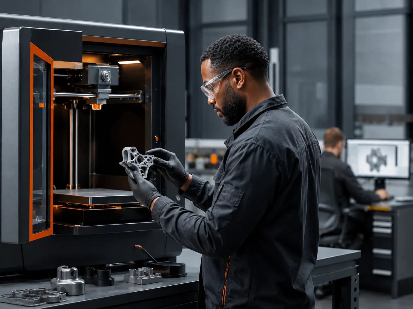 Engineer inspecting an additively manufactured component